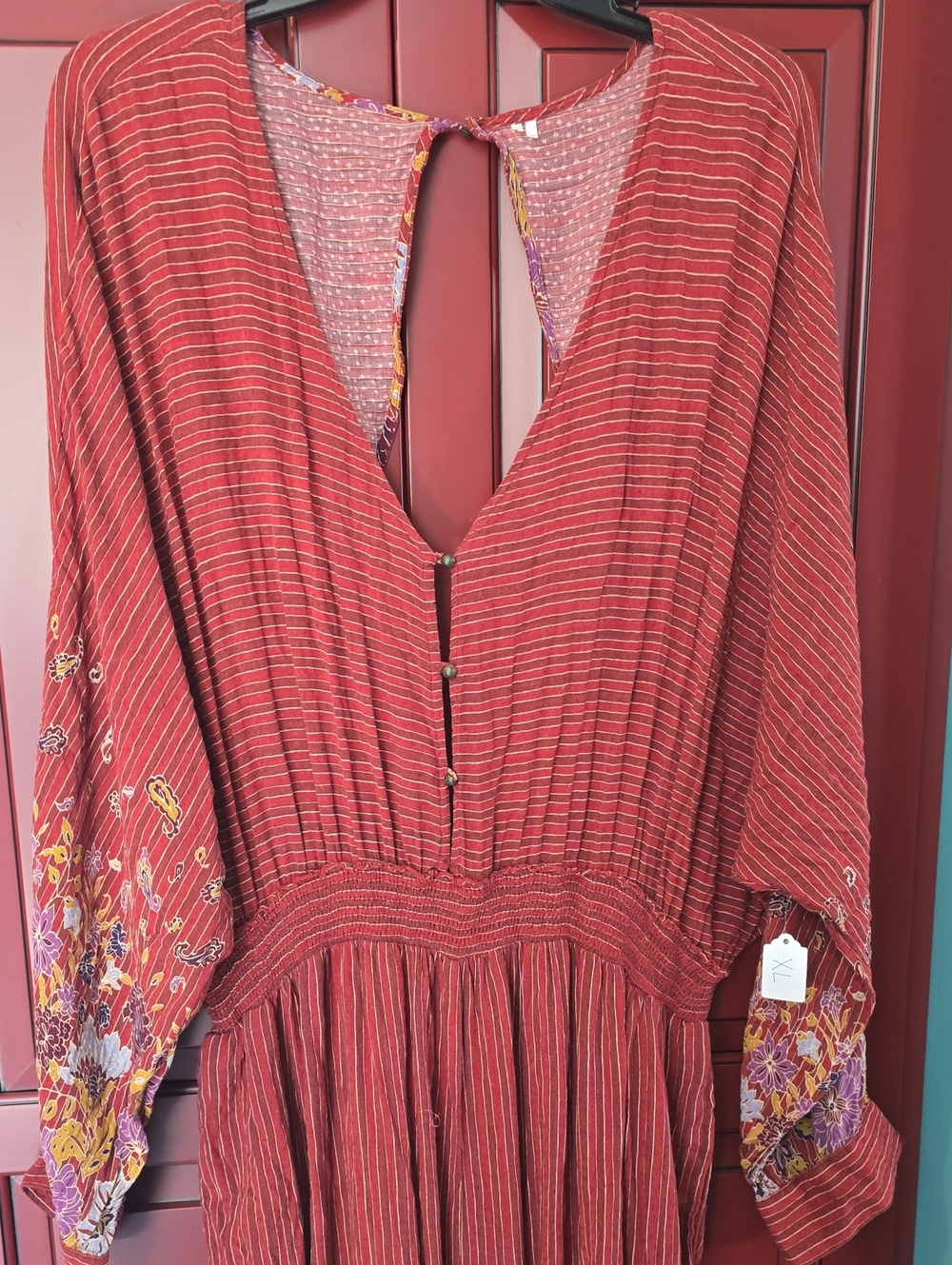 Boho Red Striped Floral-Sleeve Jumpsuit FREE PEOPLE